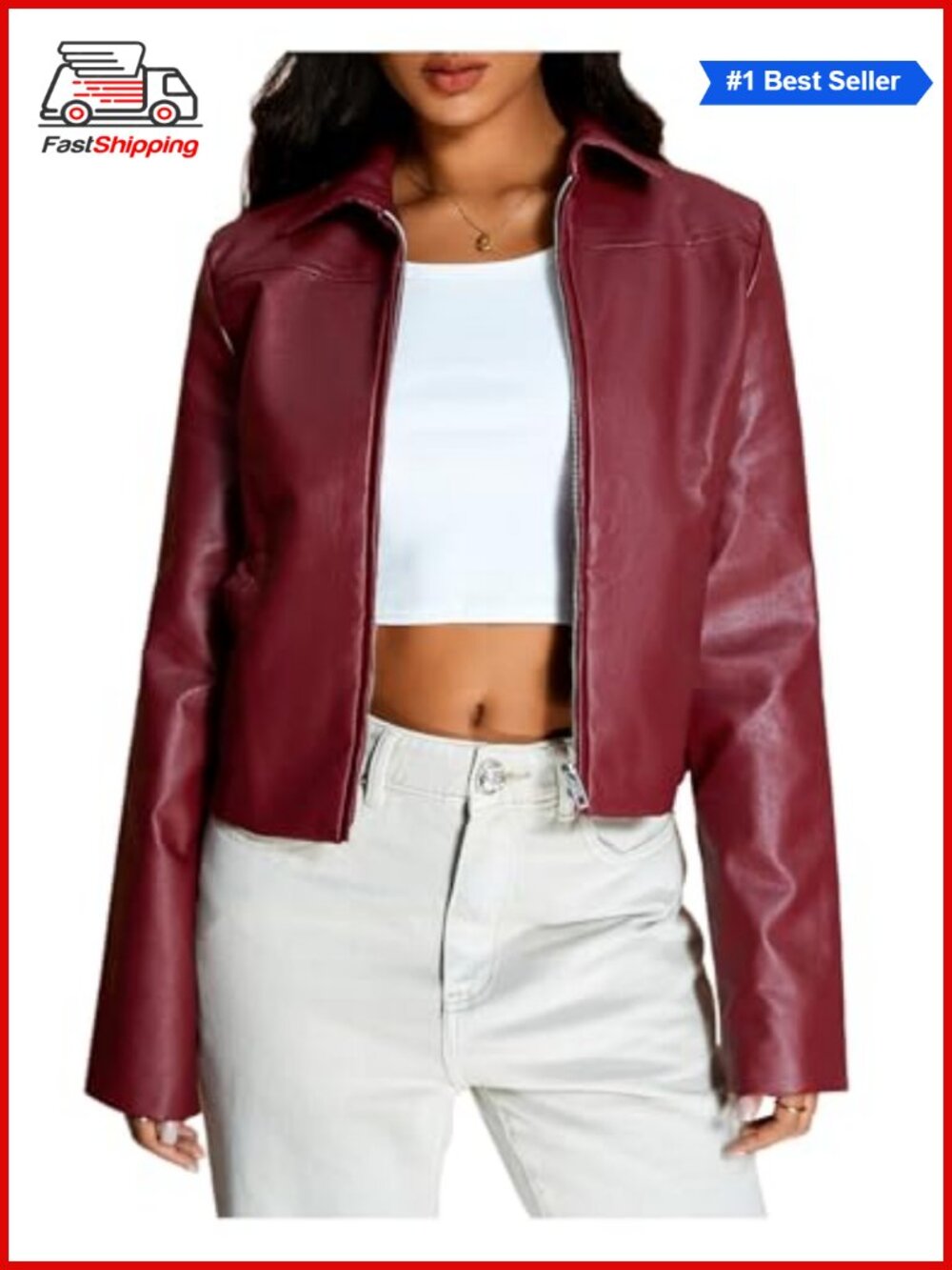 ✨MakeMeChic Women's Faux Leather Crop Biker Moto Jacket Zip Up Collar Long
